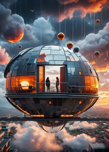 sky space concept,airships,futuristic landscape,futuristic architecture,sky apartment,airship,heliosphere,quarantine bubble,cube stilt houses,space ship,flying saucer,science fiction,mirror house,glass sphere,musical dome,futuristic,mirror ball,scifi,science-fiction,spaceship,Photography,General,Sci-Fi