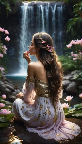fantasy picture,faery,mystical portrait of a girl,faerie,fantasy art,fantasy portrait,enchanting,scent of jasmine,beautiful girl with flowers,girl in flowers,celtic woman,romantic portrait,fairy queen,woman at the well,world digital painting,fairytale,jasmine blossom,contemplation,splendor of flowers,natural perfume,Conceptual Art,Fantasy,Fantasy 11