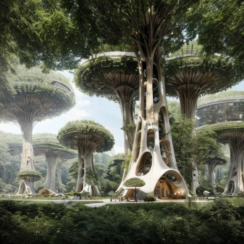 mushroom landscape,futuristic landscape,mushroom island,elven forest,fairy forest,futuristic architecture,tree grove,ancient city,tree house,concept art,alien world,fairy world,fantasy landscape,fairy village,fantasy picture,druid grove,fantasy city,artificial island,cartoon forest,garden of plants,Architecture,General,Futurism,Futuristic 12