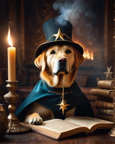 scholar,dog illustration,dogecoin,dog angel,wizard,golden retriever,magic book,gundogmus,dog-photography,dog photography,golden retriver,magical adventure,beaglier,companion dog,beagador,legerhond,pet portrait,dodge warlock,english bull doge,golden candlestick,Illustration,Abstract Fantasy,Abstract Fantasy 01