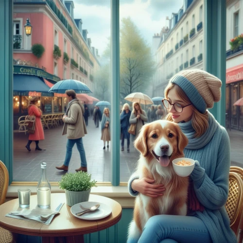 dog cafe,girl with dog,parisian coffee,paris cafe,dog illustration,street cafe,woman at cafe,cat's cafe,world digital painting,french digital background,st bernard outdoor,the coffee shop,paris clip art,coffee shop,street scene,basset fauve de bretagne,companion dog,paris shops,watercolor cafe,woman drinking coffee,Photography,General,Cinematic