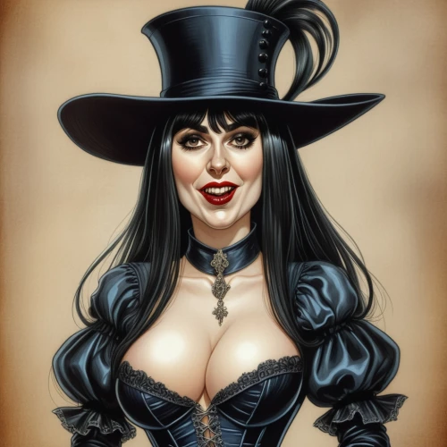 black hat,vampire woman,vampire lady,halloween black cat,dita,ringmaster,gothic portrait,leather hat,halloween witch,victorian lady,corset,black cat,caricaturist,fantasy portrait,gothic woman,vampira,fantasy woman,top hat,the hat-female,voodoo woman,Illustration,Abstract Fantasy,Abstract Fantasy 23