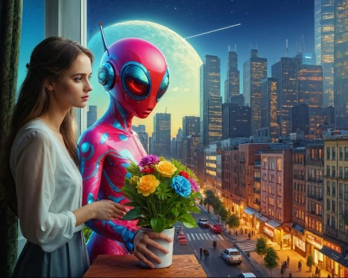 holding flowers,flower delivery,romantic portrait,romantic scene,romantic meeting,photomanipulation,floral greeting,fantasy picture,romantic night,digital compositing,world digital painting,with a bouquet of flowers,cg artwork,photoshop manipulation,photo manipulation,sci fiction illustration,with roses,flower arranging,romantic,superhero background