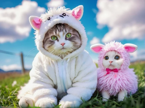 animals play dress-up,kawaii animals,cute animals,doll cat,round kawaii animals,cute cat,pink cat,cat kawaii,cats angora,cuddly toys,cat and mouse,cat image,cute animal,two cats,breed cat,cat lovers,stuffed animals,whimsical animals,cartoon cat,felines,Illustration,Realistic Fantasy,Realistic Fantasy 20