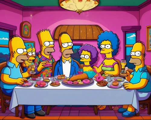 homer simpsons,homer,thanksgiving background,flanders,family dinner,thanksgiving dinner,thanksgiving,dinner party,happy thanksgiving,last supper,family gathering,bart,rosa cantina,herring family,thanksgiving table,steamed,todos los sandos,caper family,empanadas,family reunion,Conceptual Art,Oil color,Oil Color 23