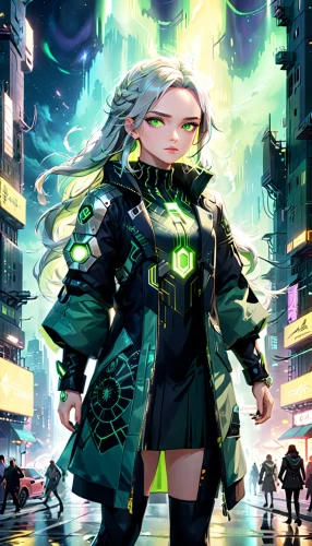 cyberpunk,cyber,android inspired,hatsune miku,sci fiction illustration,green aurora,medusa,shinjuku,vocaloid,vector girl,patrol,android,aurora,cyber glasses,matrix,shibuya,high-visibility clothing,wasabi,cg artwork,medusa gorgon,Anime,Anime,General