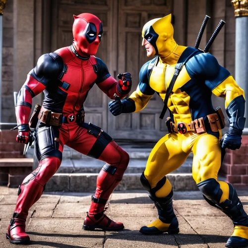 deadpool,x-men,x men,dead pool,xmen,comic characters,yellow and black,sparring,cosplay image,crime fighting,three primary colors,marvel comics,savate,cosplay,fist bump,bumblebees,friendly punch,wolverine,civil war,two bees,Photography,General,Realistic