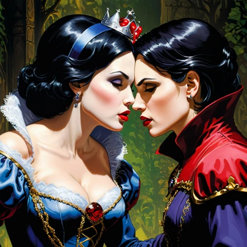gothic portrait,fairy tales,queen of hearts,fairy tale,snow white,amorous,fairytales,romance novel,fantasy art,a fairy tale,princesses,forbidden love,fairytale characters,fantasy picture,fairy tale icons,fantasy portrait,courtship,fantasy woman,two girls,fairytale,Illustration,American Style,American Style 08