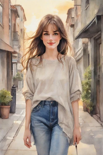 girl walking away,oil painting,oil painting on canvas,woman walking,photo painting,girl in a long,girl portrait,world digital painting,girl in a historic way,young woman,oil on canvas,girl in t-shirt,romantic portrait,little girl in wind,mystical portrait of a girl,art painting,girl drawing,city ​​portrait,portrait background,vietnamese woman,Digital Art,Watercolor