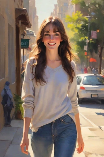 woman walking,girl walking away,a girl's smile,sunglasses,smiling,more radiant,walking,radiant,killer smile,pedestrian,strolling,a pedestrian,adorable,hollywood actress,grin,on the street,tiffany,with glasses,a smile,pretty woman,Digital Art,Impressionism