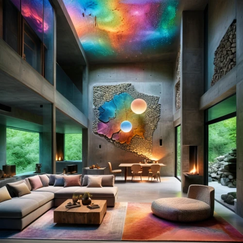 colorful glass,modern decor,modern living room,interior modern design,contemporary decor,living room,aquarium decor,colorful light,interior design,sky space concept,livingroom,contemporary,glass wall,great room,sky apartment,interior decor,mid century modern,sitting room,interior decoration,ufo interior,Illustration,Realistic Fantasy,Realistic Fantasy 20