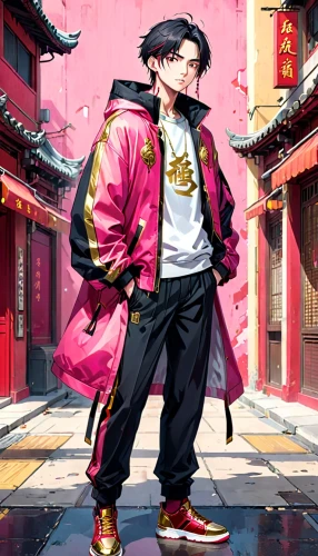 anime japanese clothing,man in pink,stylish boy,zui quan,japanese sakura background,martial arts uniform,wuchang,sakura background,xing yi quan,pink background,yuan,hong,yukio,sensei,chinatown,tracksuit,guilinggao,anime boy,kung,sensoji,Anime,Anime,General