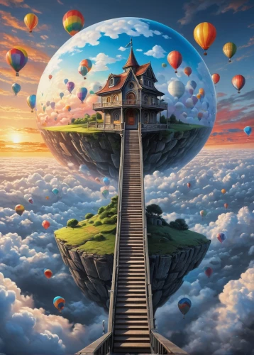 hot-air-balloon-valley-sky,airship,fantasy world,fantasy picture,hot air balloon,zeppelin,dream world,airships,3d fantasy,balloon trip,imagination,surrealism,fantasy art,fantasy city,ballooning,up,balloon,world digital painting,stairway to heaven,hot air balloons,Illustration,Realistic Fantasy,Realistic Fantasy 17