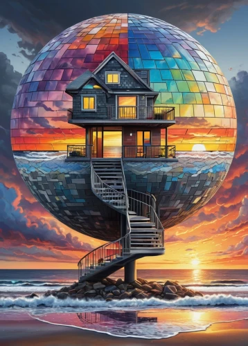 prism ball,beachhouse,cube house,musical dome,house of the sea,beach house,cube stilt houses,the globe,psychedelic art,stilt house,tropical house,disco,ball cube,beach ball,cubic house,glass sphere,floating island,discobole,glass ball,dunes house,Illustration,Realistic Fantasy,Realistic Fantasy 25