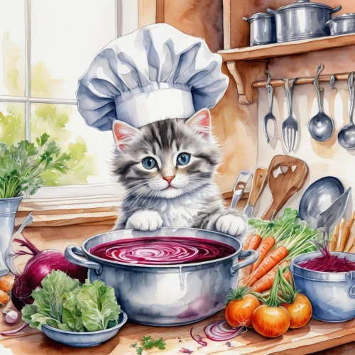 cooking book cover,cookery,domestic cat,caterer,chef,watercolor cat,tea party cat,domestic animal,food and cooking,domestic long-haired cat,cat food,cooking vegetables,food preparation,cat vector,cooking ingredients,cookware and bakeware,cat cartoon,cuisine,ratatouille,cat image,Conceptual Art,Daily,Daily 13