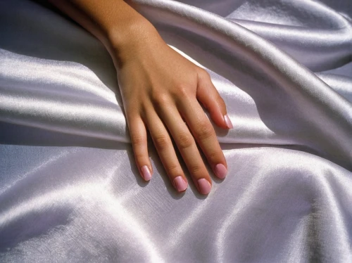 bed sheet,sheets,drape,duvet cover,folded hands,bed skirt,tablecloth,bed linen,white silk,raw silk,linen,woman hands,blanket,satin,girl in cloth,linens,female hand,silver lacquer,empty sheet,fingernail polish,Conceptual Art,Fantasy,Fantasy 04