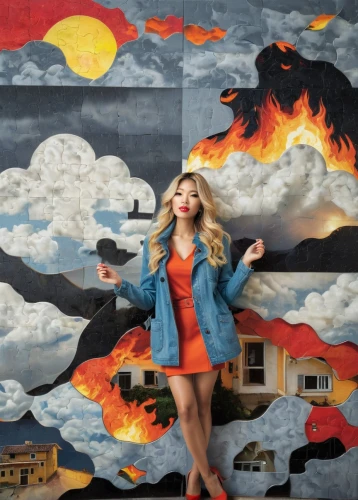 girl-in-pop-art,mural,album cover,blonde woman,fire background,wildfire,photomontage,burning house,creative background,blonde woman reading a newspaper,girl with a gun,the blonde photographer,burning cigarette,modern pop art,blonde girl,rockabella,art,smoke art,heaven and hell,fire disaster,Photography,Documentary Photography,Documentary Photography 28