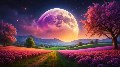 purple landscape,purple moon,fantasy landscape,landscape background,fantasy picture,lunar landscape,mushroom landscape,lilac tree,valley of the moon,meadow landscape,moon and star background,lavender field,lavender fields,blooming field,beautiful landscape,purple and pink,wall,moonlit night,cosmos field,alien planet,Photography,General,Fantasy