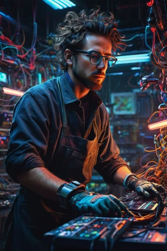 cyberpunk,man with a computer,engineer,mechanic,technician,hardware programmer,electronics,dj,computer art,elektroniki,cyber glasses,circuitry,arduino,electronic market,painting technique,electrician,cyclocomputer,welder,cybernetics,connection technology,Conceptual Art,Daily,Daily 29