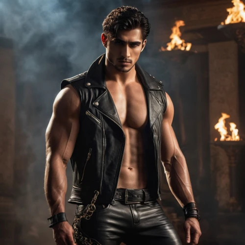 daemon,leather,hercules,black leather,muscle icon,lucus burns,smouldering torches,action hero,male model,leather texture,greek god,muscled,drago milenario,latino,itamar kazir,muscular,fire fighter,blacksmith,male character,hot metal,Photography,General,Natural