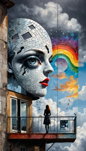 streetart,street art,urban street art,surrealism,psychedelic art,urban art,graffiti art,woman thinking,imagination,street artists,street artist,surrealistic,photomontage,photomanipulation,jigsaw puzzle,parallel worlds,wall art,mural,fantasy art,photo manipulation,Illustration,Realistic Fantasy,Realistic Fantasy 40