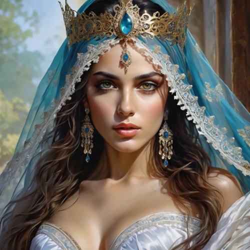 fantasy portrait,fantasy art,indian bride,bridal jewelry,bridal accessory,bridal,fantasy woman,fantasy picture,diadem,bridal dress,bride,cleopatra,headdress,bridal clothing,romantic portrait,world digital painting,arabian,thracian,priestess,bridal veil,Photography,General,Realistic