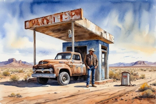 gas-station,truck stop,petrol pump,gas station,filling station,e-gas station,gas pump,electric gas station,rust truck,pickup-truck,route 66,route66,ford truck,convenience store,pioneertown,auto repair shop,truck camper stop action,pickup truck,station wagon-station wagon,petroleum,Illustration,Paper based,Paper Based 24