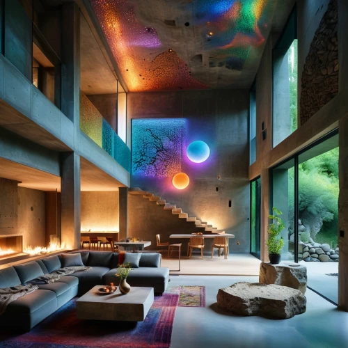 interior modern design,modern living room,modern decor,penthouse apartment,colorful light,contemporary decor,sky space concept,loft,interior design,living room,smart home,cube house,sky apartment,glass wall,colorful glass,colored lights,ambient lights,modern room,cubic house,luxury home interior,Illustration,Realistic Fantasy,Realistic Fantasy 20