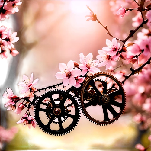 floral bike,flowers in wheel barrel,spring background,sakura wreath,japanese sakura background,spring blossoms,cherry blossom branch,springtime background,spring blossom,japanese floral background,almond blossoms,plum blossoms,flower background,blooming wreath,flower cart,wooden carriage,flower car,almond blossom,japanese cherry blossoms,sakura flower,Illustration,Realistic Fantasy,Realistic Fantasy 13