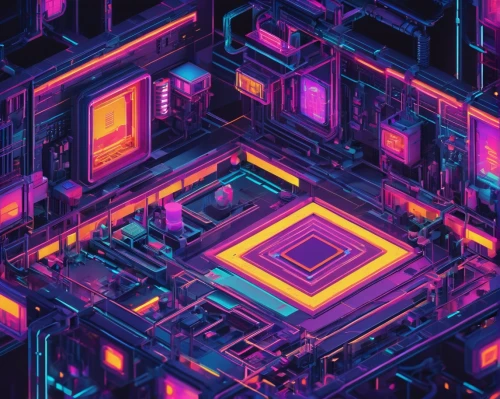 pixel cells,maze,computer art,pixel cube,fractal environment,trip computer,cubes,isometric,pink squares,cyber,cinema 4d,cubic,circuit board,circuitry,vapor,computer chips,80's design,dimensional,ultraviolet,neon ghosts,Illustration,Children,Children 02