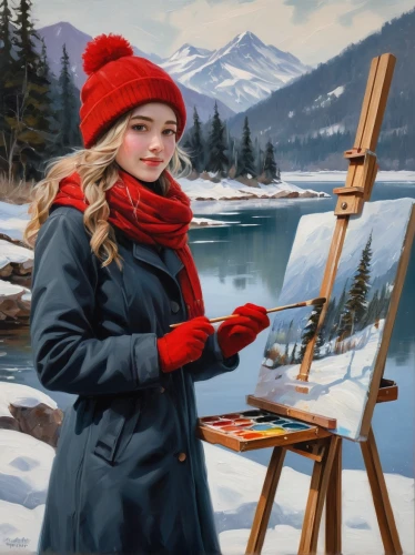 oil painting,painting technique,blonde girl with christmas gift,art painting,photo painting,oil painting on canvas,whistler,girl on the river,painter,winter background,winter landscape,snow scene,red coat,heather winter,painting,artist portrait,meticulous painting,girl wearing hat,italian painter,world digital painting,Conceptual Art,Oil color,Oil Color 05