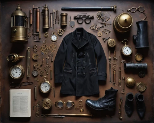 steampunk,watchmaker,overcoat,trench coat,clockmaker,frock coat,leather suitcase,black coat,steampunk gears,grandfather clock,assemblage,steamer trunk,antiquariat,old coat,victorian style,leather goods,pocket watch,apothecary,inspector,old suitcase,Unique,Design,Knolling