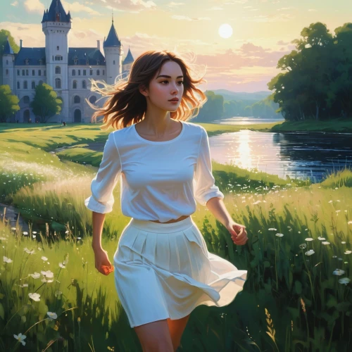 girl on the river,fantasy picture,world digital painting,fantasy portrait,summer evening,spring morning,idyllic,fantasy art,cg artwork,a fairy tale,girl in a historic way,enchanting,fantasy landscape,fairy tale,enchanted,mystical portrait of a girl,idyll,girl walking away,sound of music,romantic portrait,Conceptual Art,Fantasy,Fantasy 19