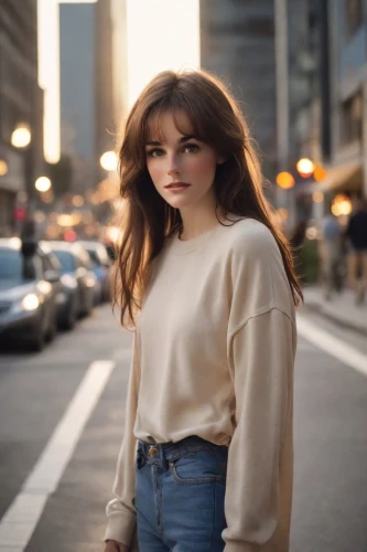 long-sleeved t-shirt,ny,nyc,girl walking away,feist,60s,on the street,newyork,long-sleeve,white shirt,new york streets,model-a,in a shirt,new york,pretty woman,woman walking,toronto,city ​​portrait,breathtaking,banks,Photography,Natural