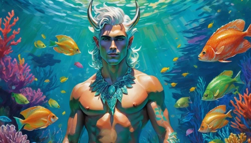 merfolk,merman,sea god,god of the sea,poseidon,underwater background,aquaman,mermaid background,coral guardian,under the sea,under the water,aquatic,male elf,under water,coral reef,under sea,amano,mermaid vectors,mergus,mermaid,Conceptual Art,Oil color,Oil Color 25