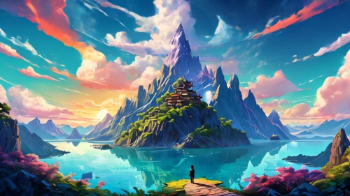 fantasy landscape,mountain world,mountain landscape,3d fantasy,landscape background,mountainous landscape,fantasy world,an island far away landscape,high mountains,world digital painting,high landscape,mountains,mountain scene,fantasy picture,bird kingdom,mushroom landscape,cloud mountain,giant mountains,mountain settlement,lagoon,Conceptual Art,Daily,Daily 24