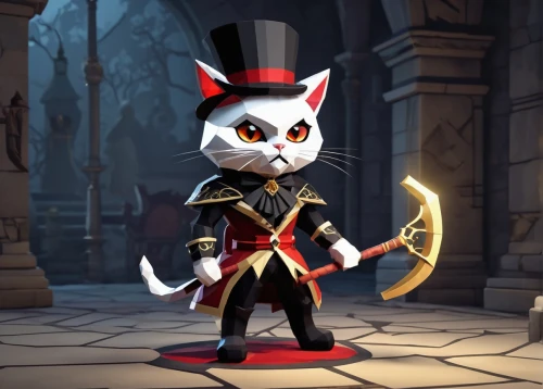 cat warrior,cruella de ville,jester,halloween cat,assassin,huntress,magistrate,jiji the cat,mayor,katana,tuxedo,sylvester,cartoon cat,cruella,masquerade,swordswoman,ringmaster,cat child,figaro,cat european,Unique,3D,Low Poly