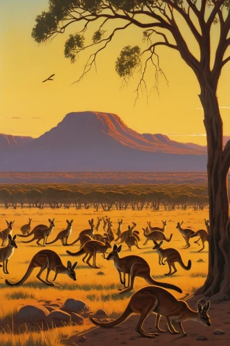 kangaroo mob,kangaroos,australian wildlife,serengeti,animal migration,antelopes,red kangaroo,macropus rufogriseus,macropodidae,australopitico,south australia,animals hunting,marsupial,namib,tsavo,hunting scene,wallabies,northern territory,aboriginal painting,australia,Illustration,Retro,Retro 15