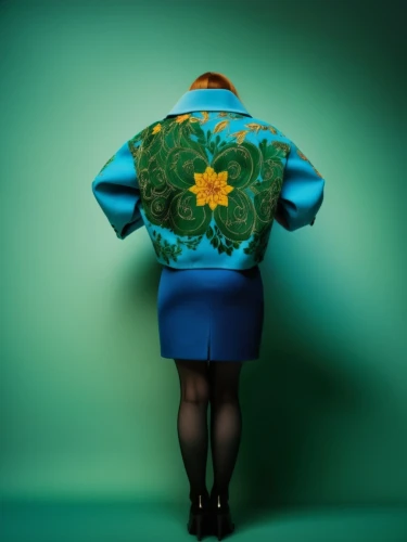 clover jackets,retro flower silhouette,bolero jacket,lily pad,green jacket,retro flowers,jacket,nelumbo,conceptual photography,woman's backside,girl scouts of the usa,turquoise leather,retro woman,bodypainting,retro women,girl from the back,plus-size model,floral mockup,hula,vintage clothing,Photography,Documentary Photography,Documentary Photography 06
