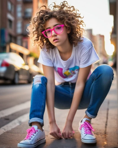 kids glasses,pink glasses,girl in t-shirt,80s,the style of the 80-ies,pink shoes,color glasses,fashionable girl,retro eighties,skater,eighties,child model,young model,pink round frames,little girl running,gap kids,80's design,children is clothing,street fashion,kids' things,Conceptual Art,Oil color,Oil Color 18