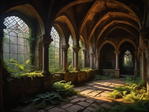 hall of the fallen,dandelion hall,abandoned place,sanctuary,abandoned places,ruins,cloister,fantasy landscape,forest chapel,ruin,lost place,monastery,sunken church,medieval architecture,witch's house,haunted cathedral,lostplace,abandoned,mausoleum ruins,lost places,Art,Classical Oil Painting,Classical Oil Painting 07