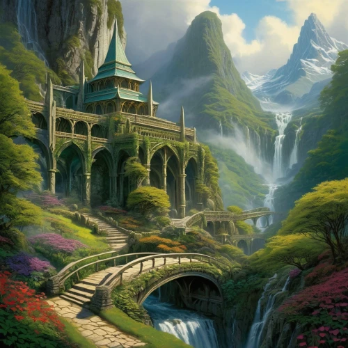 fantasy landscape,fantasy picture,dragon bridge,mountain settlement,scenic bridge,fantasy art,mountain landscape,mountainous landscape,the valley of the,valley,rainbow bridge,mountain scene,river landscape,futuristic landscape,landscape background,fjord,meteora,nature landscape,imperial shores,high landscape,Conceptual Art,Daily,Daily 09