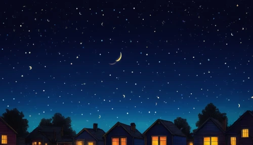 ramadan background,starry sky,night scene,starry night,night sky,nightsky,clear night,moon and star background,night stars,the night sky,houses clipart,houses silhouette,moonlit night,christmasbackground,nightscape,stars and moon,nighttime,fireflies,the moon and the stars,christmas background,Illustration,Children,Children 03