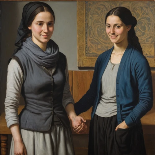 nuns,two girls,young couple,contemporary witnesses,gothic portrait,young women,bouguereau,grant wood,sisters,the magdalene,women's clothing,1940 women,carmelite order,clergy,two people,mother and daughter,postmasters,folded hands,romantic portrait,zwartnek arassari,Art,Classical Oil Painting,Classical Oil Painting 03