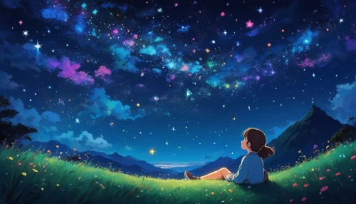 colorful stars,rainbow and stars,fairy galaxy,starry sky,fireflies,falling stars,hanging stars,starlight,stargazing,night stars,star sky,stars,the stars,starry,falling star,dream world,the night sky,night sky,constellations,nightsky,Illustration,Japanese style,Japanese Style 14