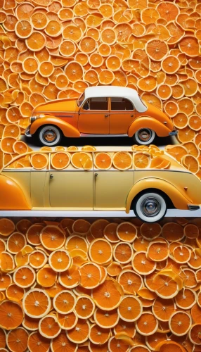 orange slices,oranges,car roof,orange slice,matchbox car,murcott orange,orange trumpet,3d car wallpaper,oranges half,tangerines,pieces of orange,clementines,candy corn pattern,tangerine,sliced tangerine fruits,car sculpture,mandarin orange,automotive decor,fruit car,tangerine fruits,Illustration,Abstract Fantasy,Abstract Fantasy 06