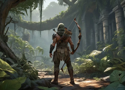 the wanderer,forest man,concept art,jungle,game art,cg artwork,wander,tarzan,massively multiplayer online role-playing game,wanderer,game illustration,druid grove,scavenger,bow and arrows,adventurer,lone warrior,forest workers,tribal chief,zion,warrior east,Conceptual Art,Daily,Daily 35