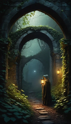 hollow way,the mystical path,hall of the fallen,the path,pathway,archway,fantasy picture,the threshold of the house,threshold,jrr tolkien,dungeons,gateway,witch's house,pilgrimage,passage,cloak,forest path,world digital painting,path,game illustration,Illustration,Realistic Fantasy,Realistic Fantasy 03