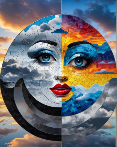 sun and moon,yinyang,image manipulation,yin-yang,sun moon,day and night,lunar phases,photomontage,yin yang,phase of the moon,mother earth,celestial bodies,parallel worlds,harmonia macrocosmica,sun eye,eclipse,yin and yang,solar eclipse,photomanipulation,multicolor faces,Conceptual Art,Daily,Daily 28