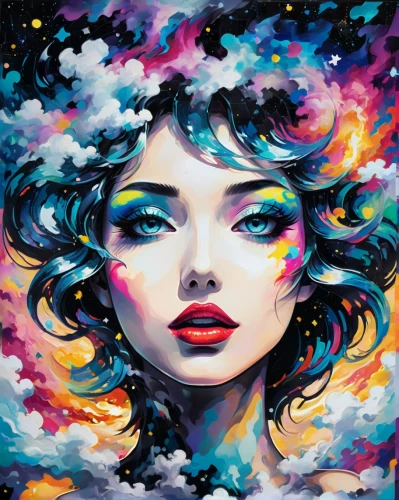 psychedelic art,mystical portrait of a girl,andromeda,colorful background,oil painting on canvas,aura,nebula,painting technique,psychedelic,cosmos,lsd,fantasy portrait,art painting,galaxy,virgo,digital art,universe,nebula 3,cosmic,digital artwork,Art,Artistic Painting,Artistic Painting 42